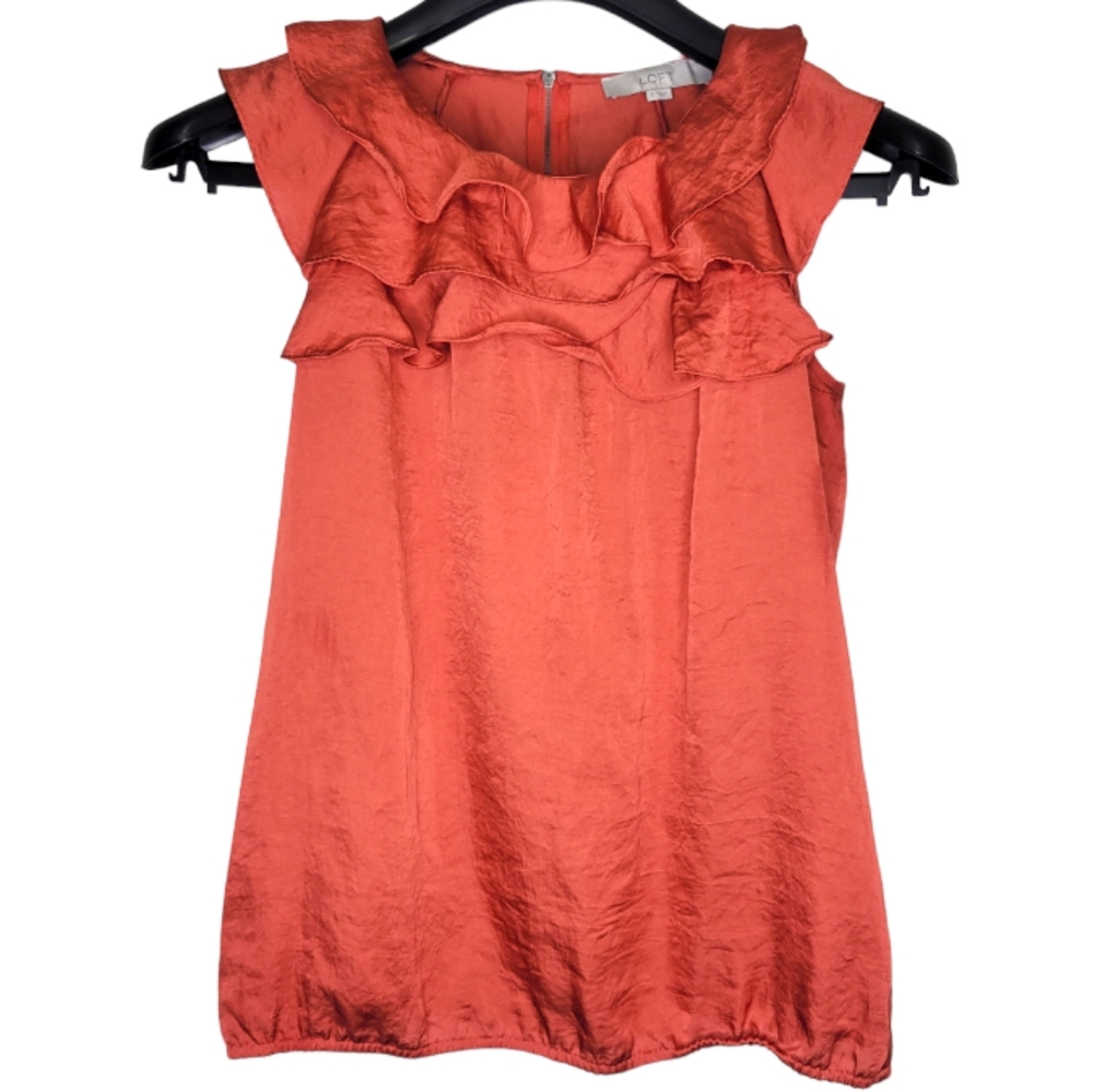 LOFT Orange Ruffle Sleeveless Blouse, Size S